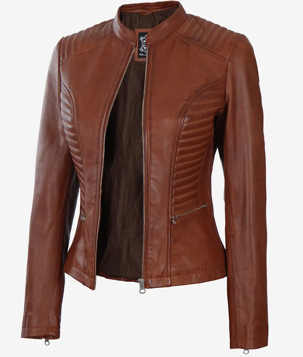 Womens Real Leather Slim Fit Cognac Biker Jacket 