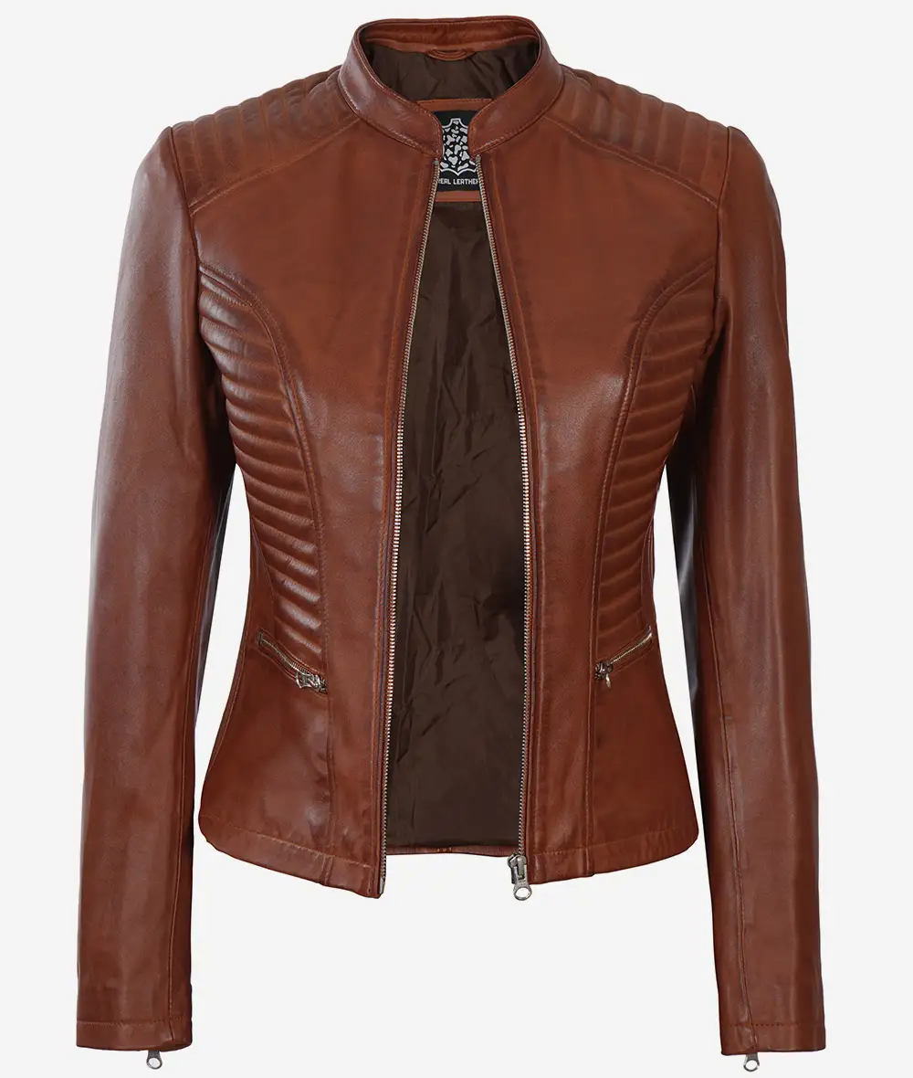 Womens Real Leather Slim Fit Cognac Biker Jacket 