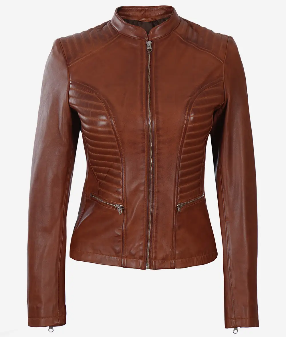 Womens Real Leather Slim Fit Cognac Biker Jacket 