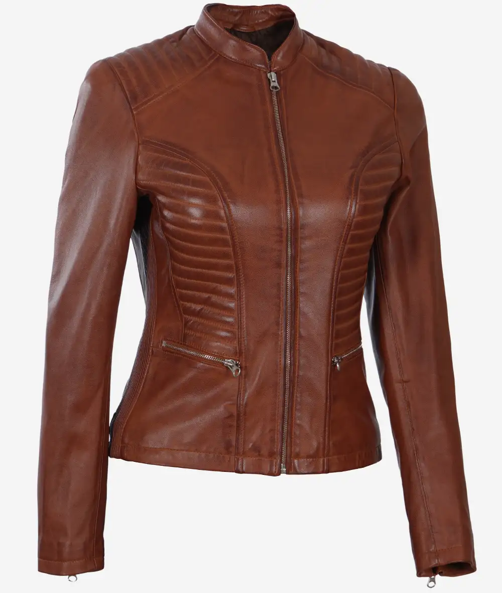 Womens Real Leather Slim Fit Cognac Biker Jacket 