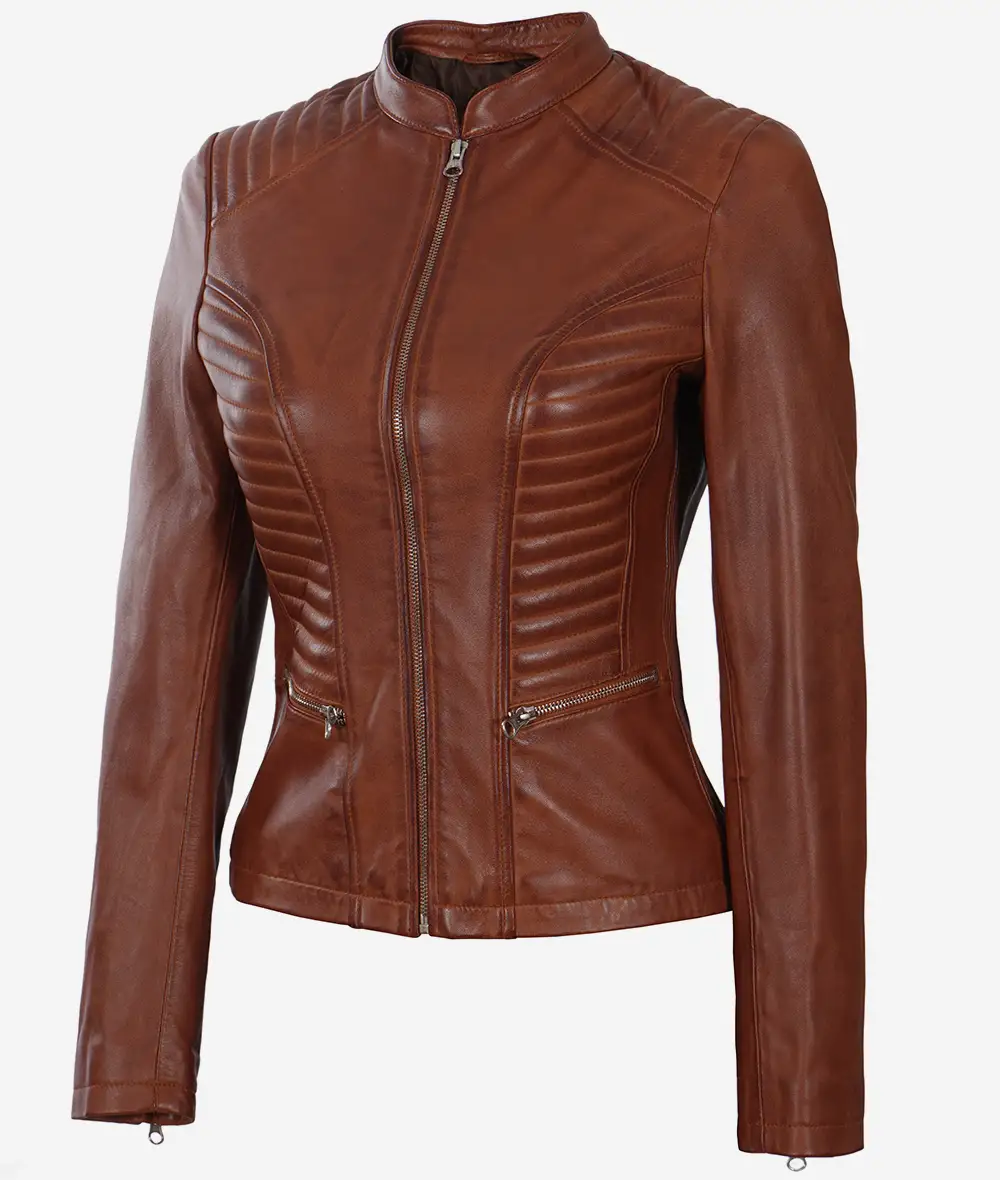 Womens Real Leather Slim Fit Cognac Biker Jacket 