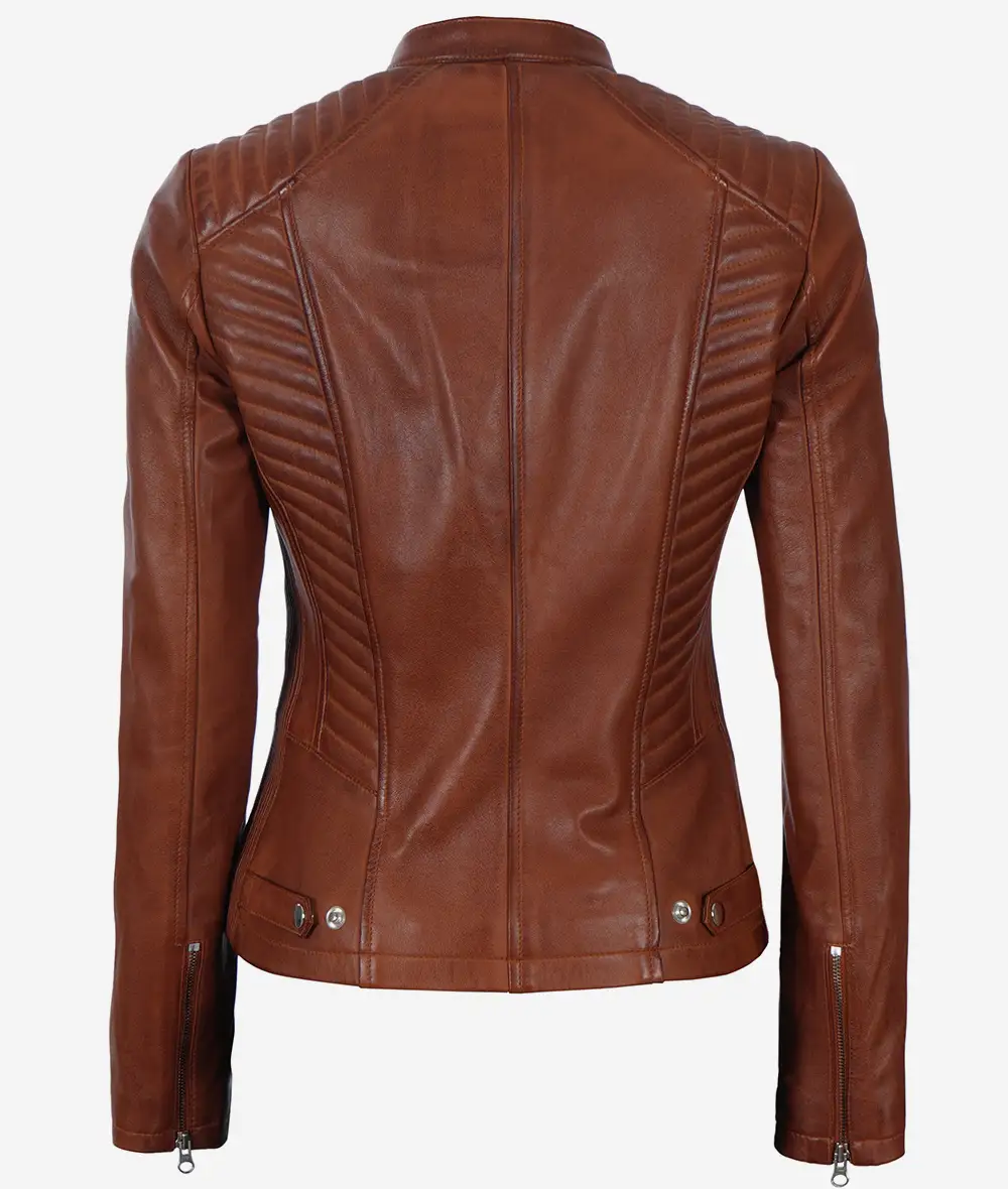 Womens Real Leather Slim Fit Cognac Biker Jacket 