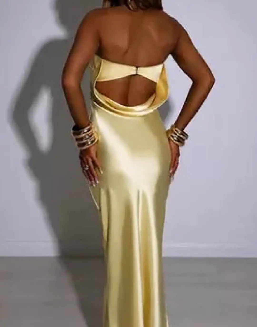 Yellow Satin Lower Back Strapless Dress