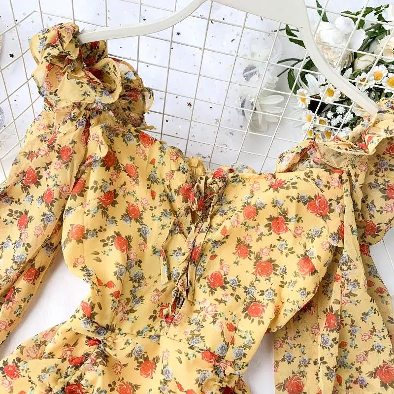 YELLOW/WHITE RETRO FLOWER PRINT DRESS BY40401